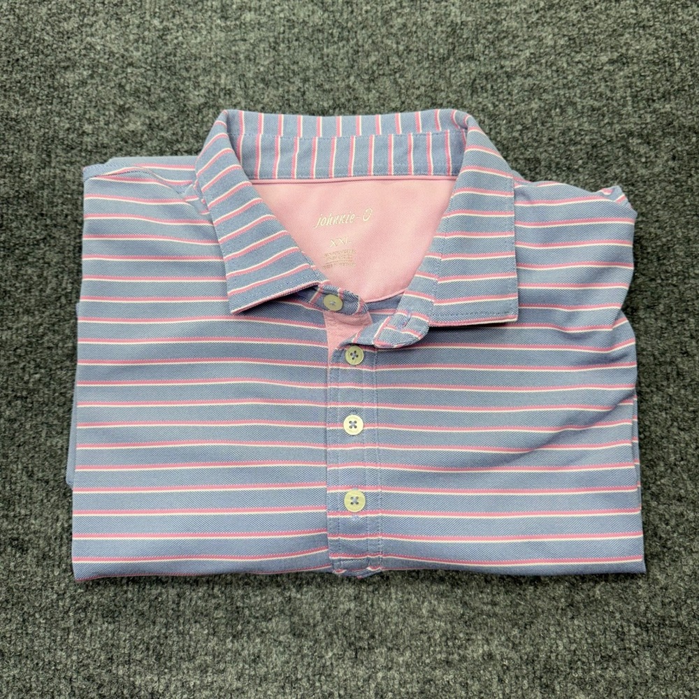 Johnnie-O Mens XXL Blue Pink Striped Performance Polo Shirt Stretch Short Sleeve - Picture 8 of 8